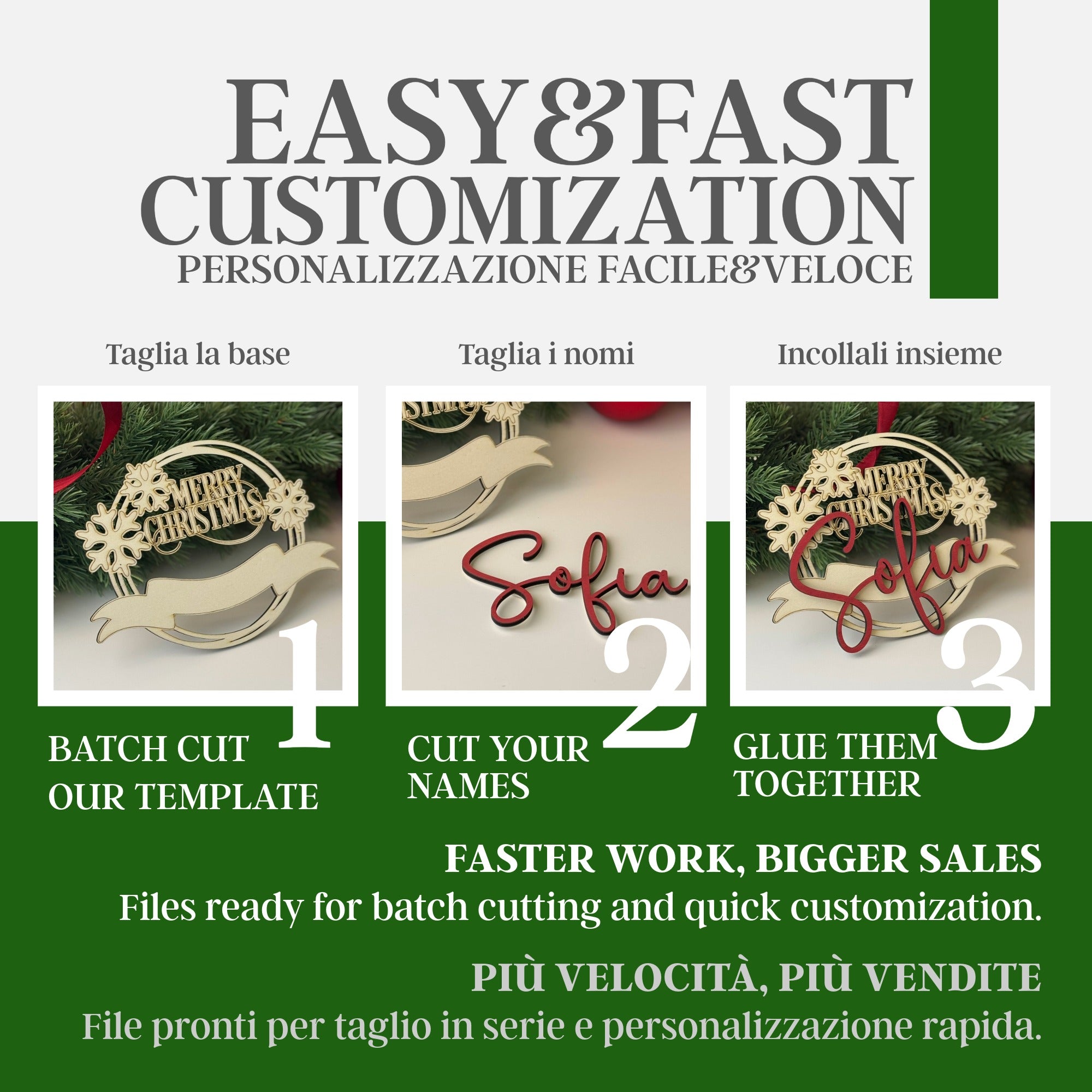 Custom name engraving detail of Merry Christmas laser ornament