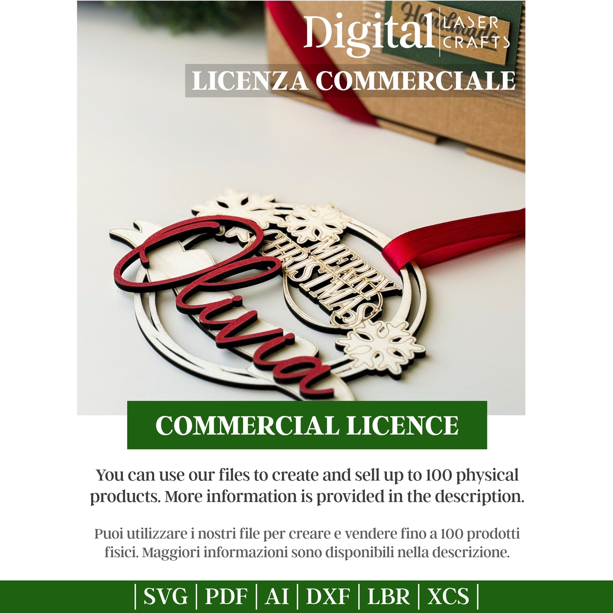 Example of laser cutting Merry Christmas ornament design