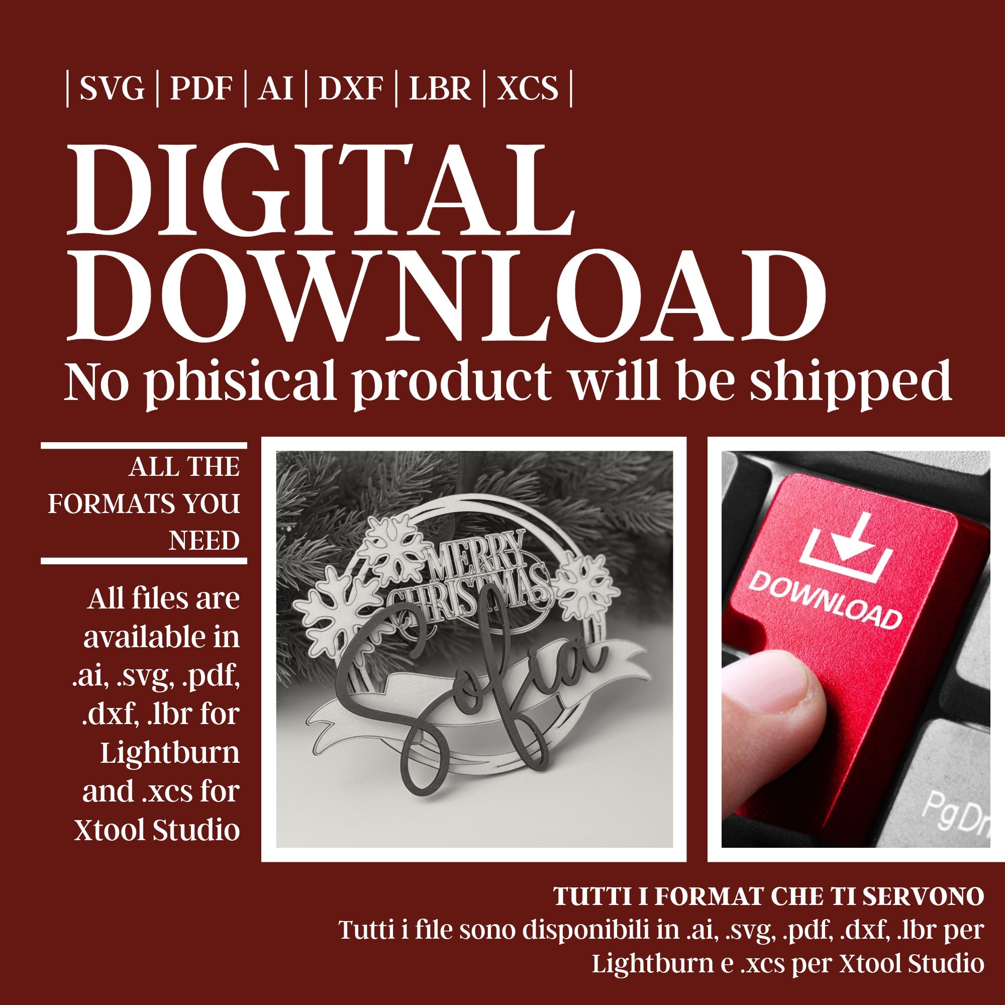 Merry Christmas customizable ornament laser cut file SVG AI DXF PDF LBR XCS