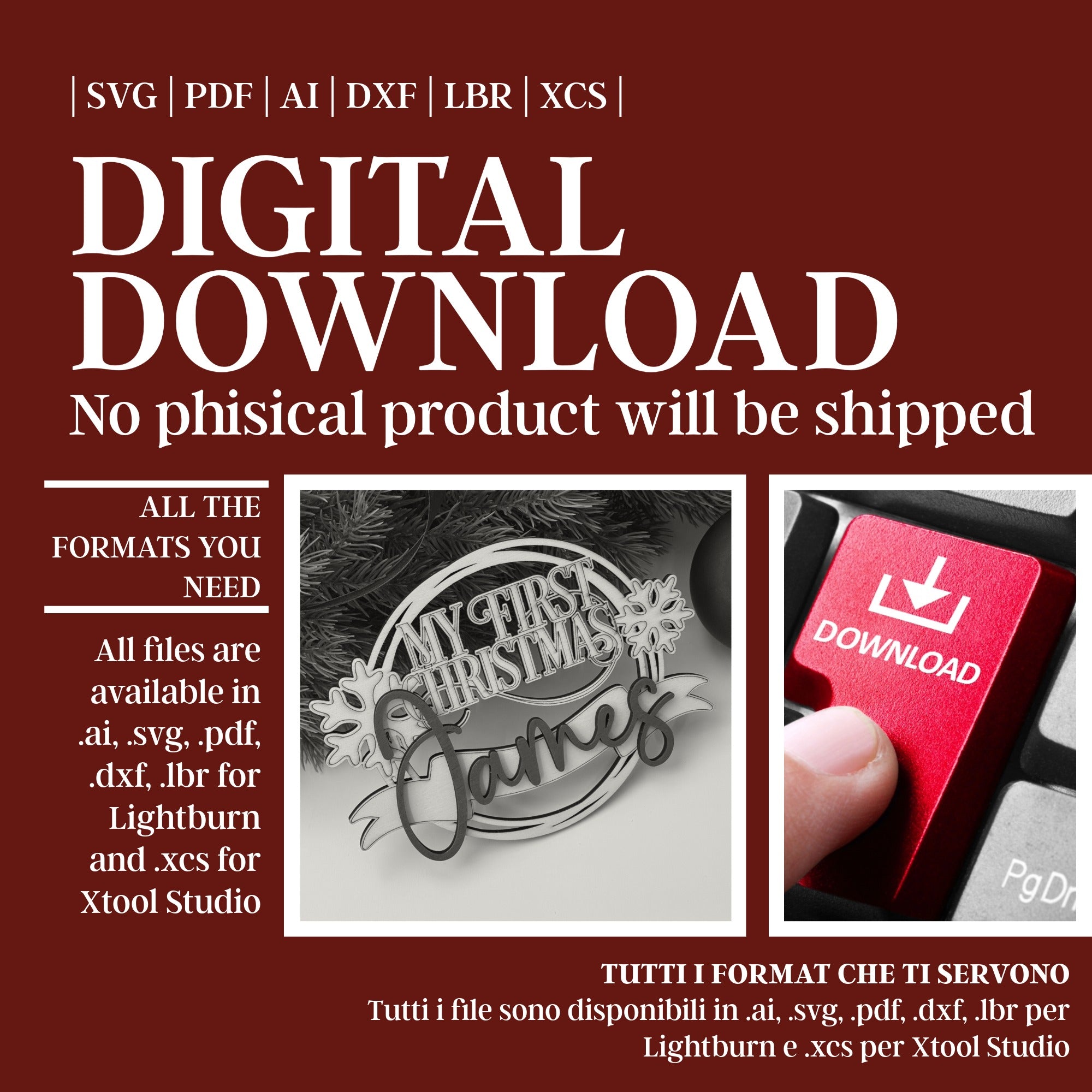 "My First Christmas" Personalized Ornament – Digital Laser Cut File (SVG, AI, PDF, DXF, LBR, XCS for Lightburn & Xtool Studio)